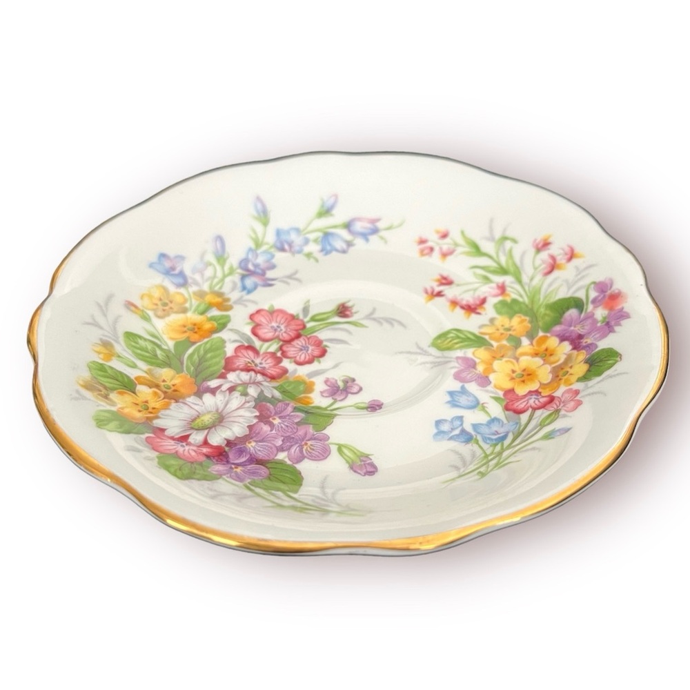 Vintage Heathcote Pink Floral Bouquet Gold Gilt Saucer Bone China England